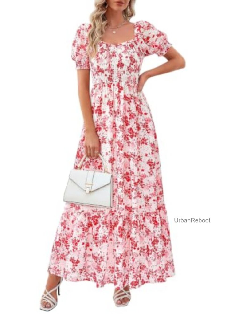 Floral Boho Eyelet Maxi Dress Sweetheart Neck Smocked Lantern Sleeve